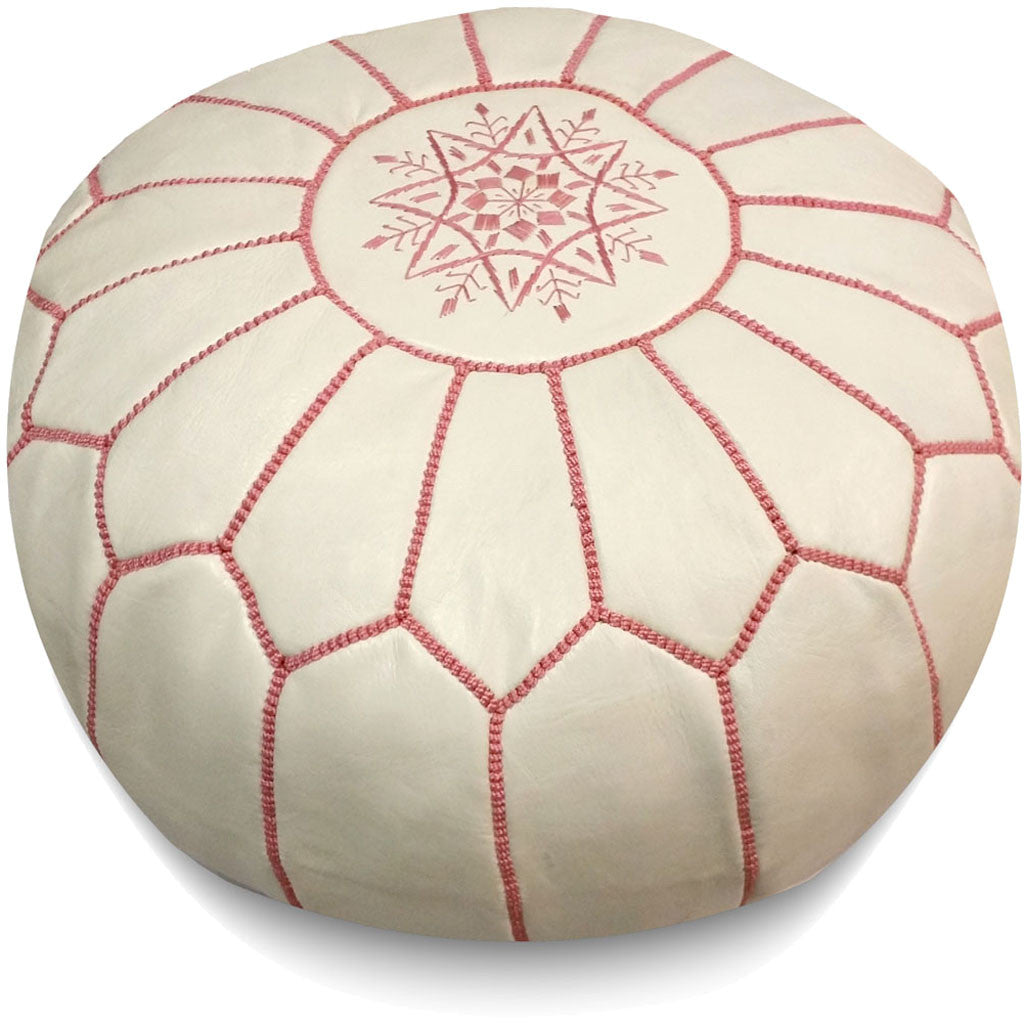 White Moroccan Pouf Pink Stitching