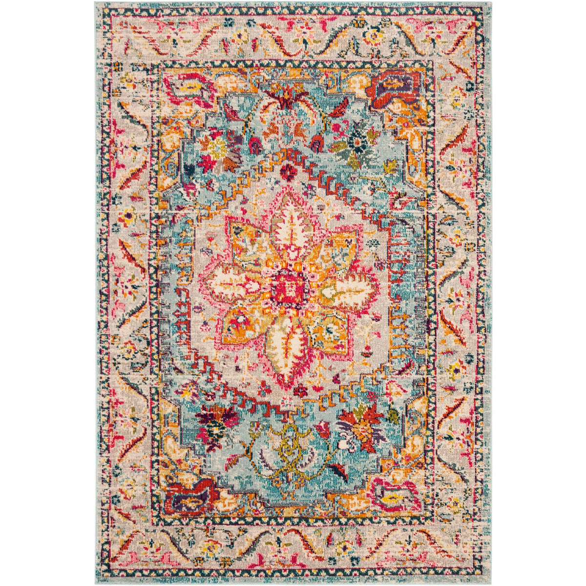 Beige and turquoise motifs surround a colorful floral medallion on this area rug.