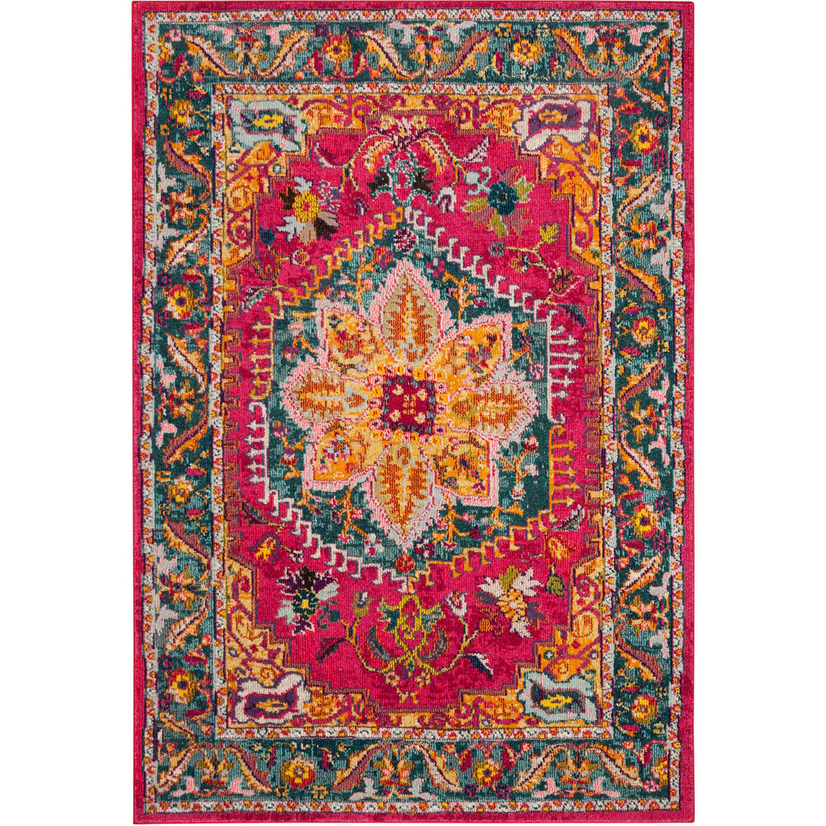 Fuchsia and blue hues enliven the floral centerpiece and richly patterned border.