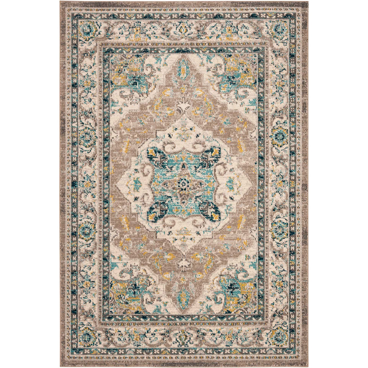 A soft gray field surrounds an ivory medallion, with teal florals and subtle yellow accents