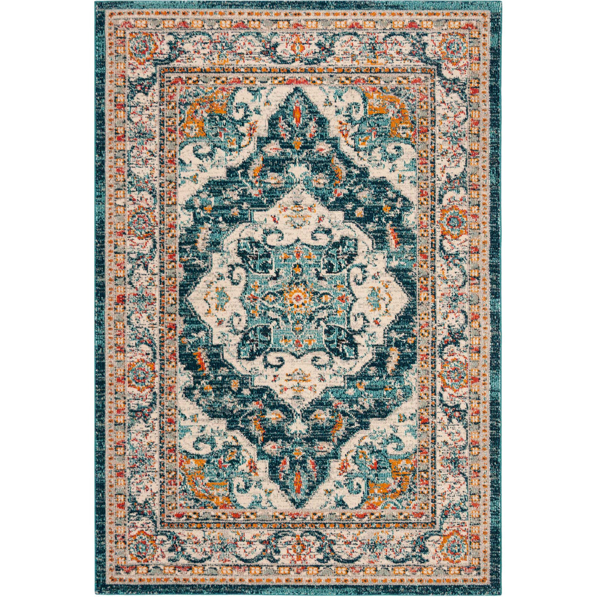 A rich blue field highlights an ivory floral medallion and colorful patterned border