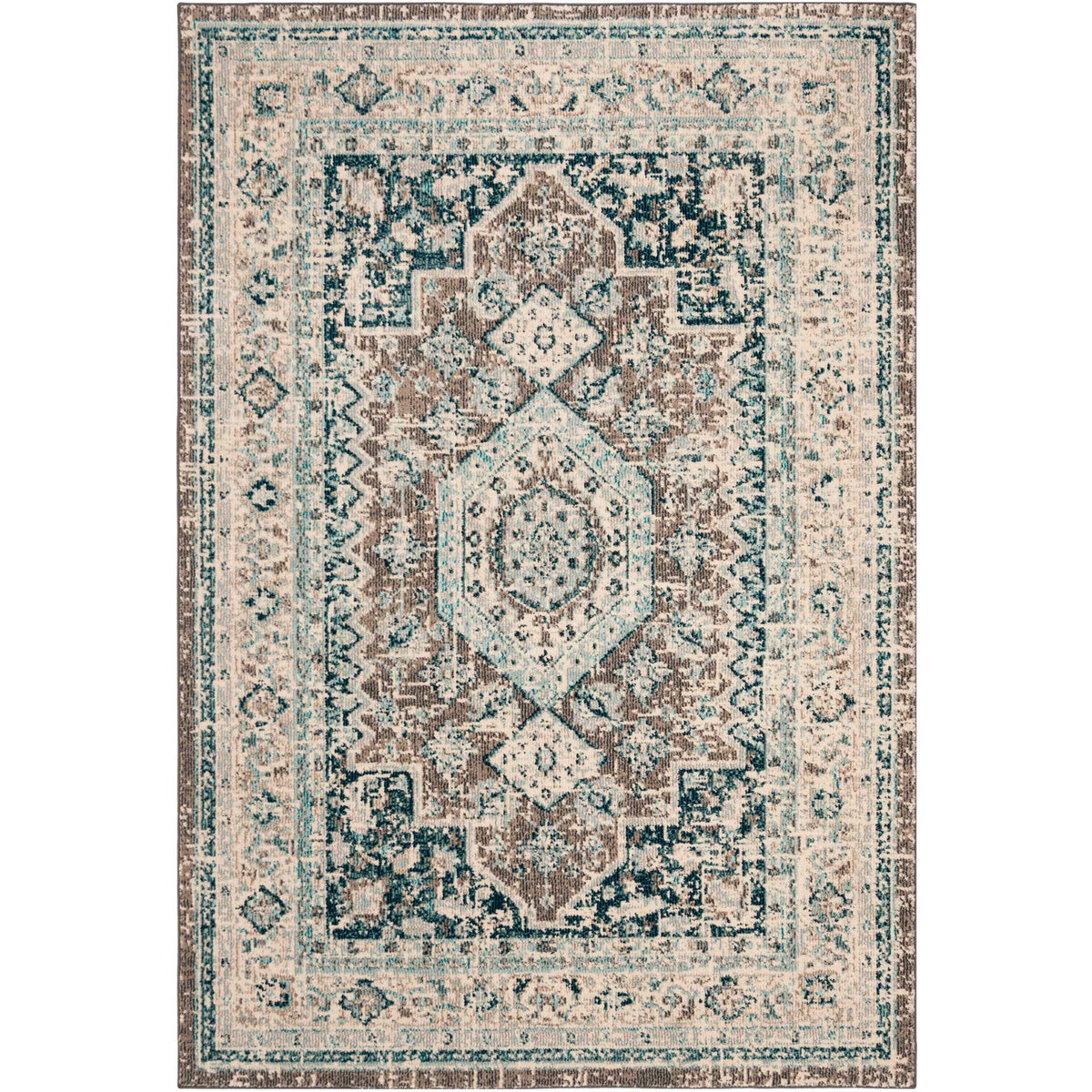 An ornate medallion and layered blue, gray, and ivory motifs bring vintage charm to this area rug.