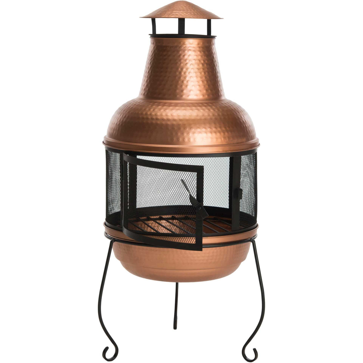A hinged mesh door opens to reveal the fire grate inside the copper chiminea