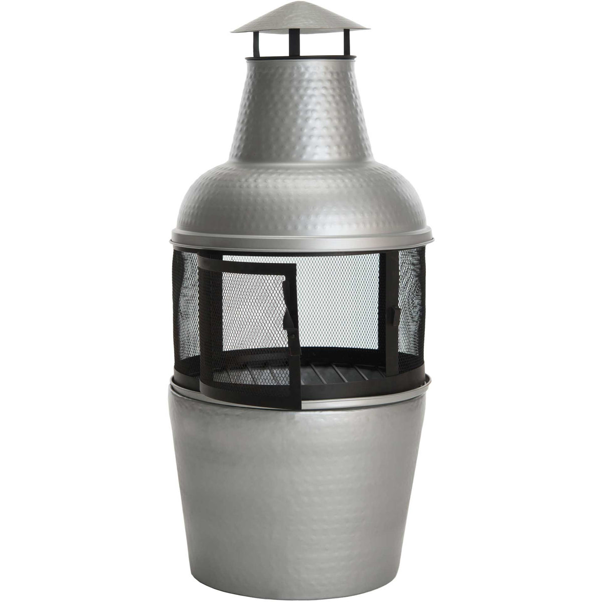 A hinged mesh door opens to reveal the fire grate inside a hammered silver chiminea.
