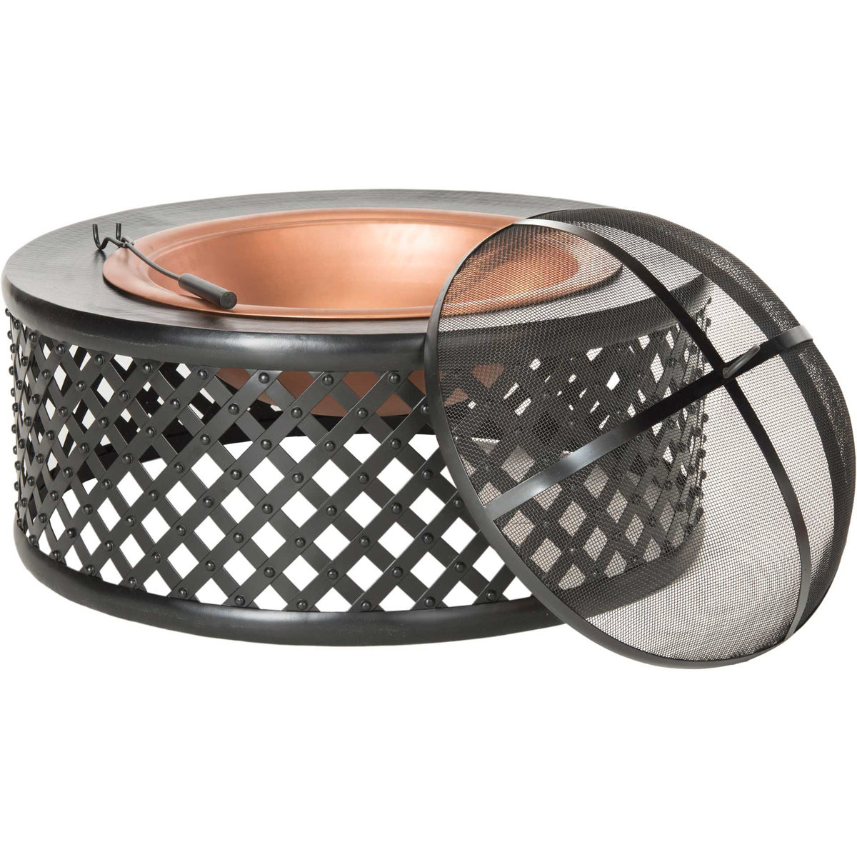The removed mesh spark screen reveals a copper-toned fire bowl, with a fire poker resting on the rim.