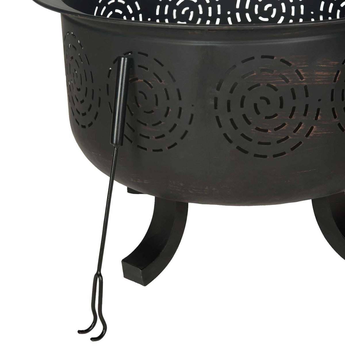 Included fire poker pairs with the iron bowl's concentric cutouts