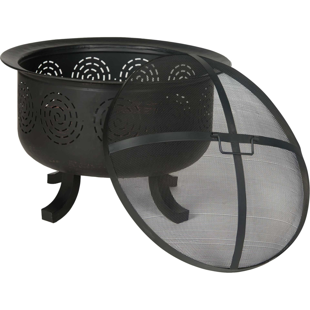 Removable mesh spark screen reveals the open bowl and its circular ventilation pattern