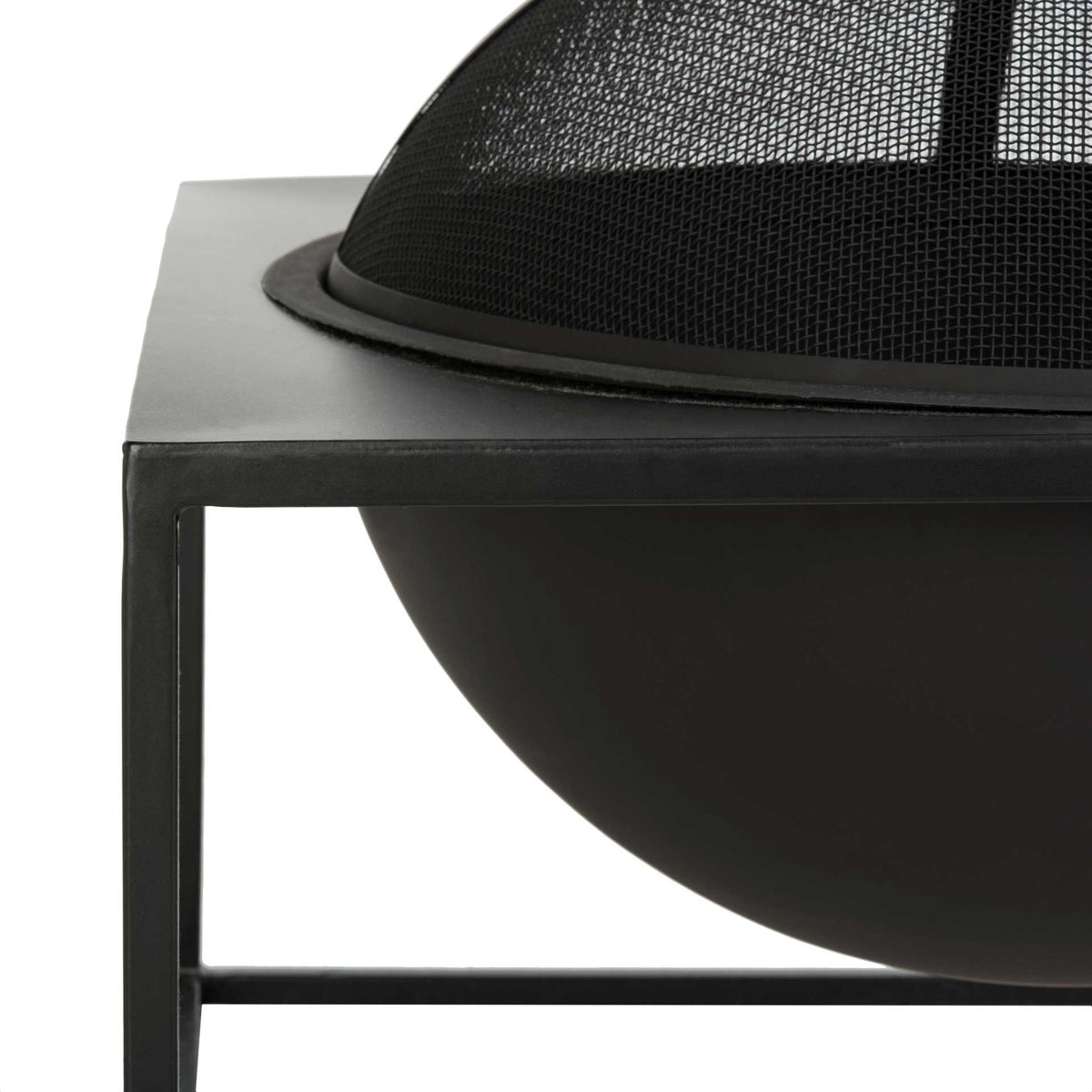 A fine mesh spark screen fits into the square top above the curved black fire bowl.
