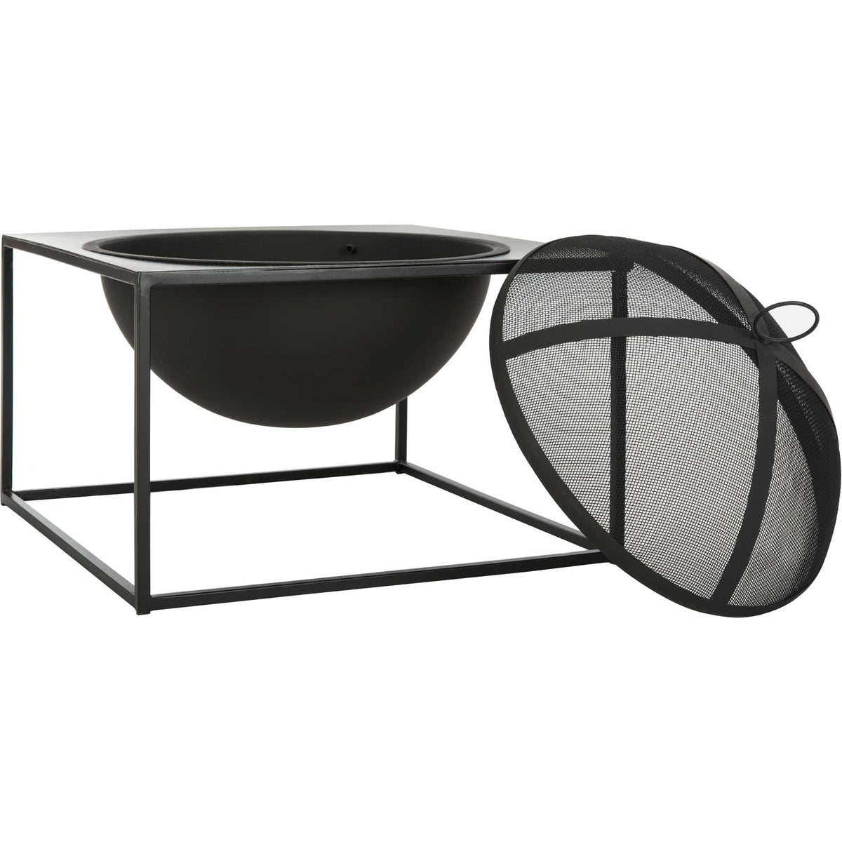A removable mesh screen reveals the deep fire bowl suspended within a sleek black steel frame.