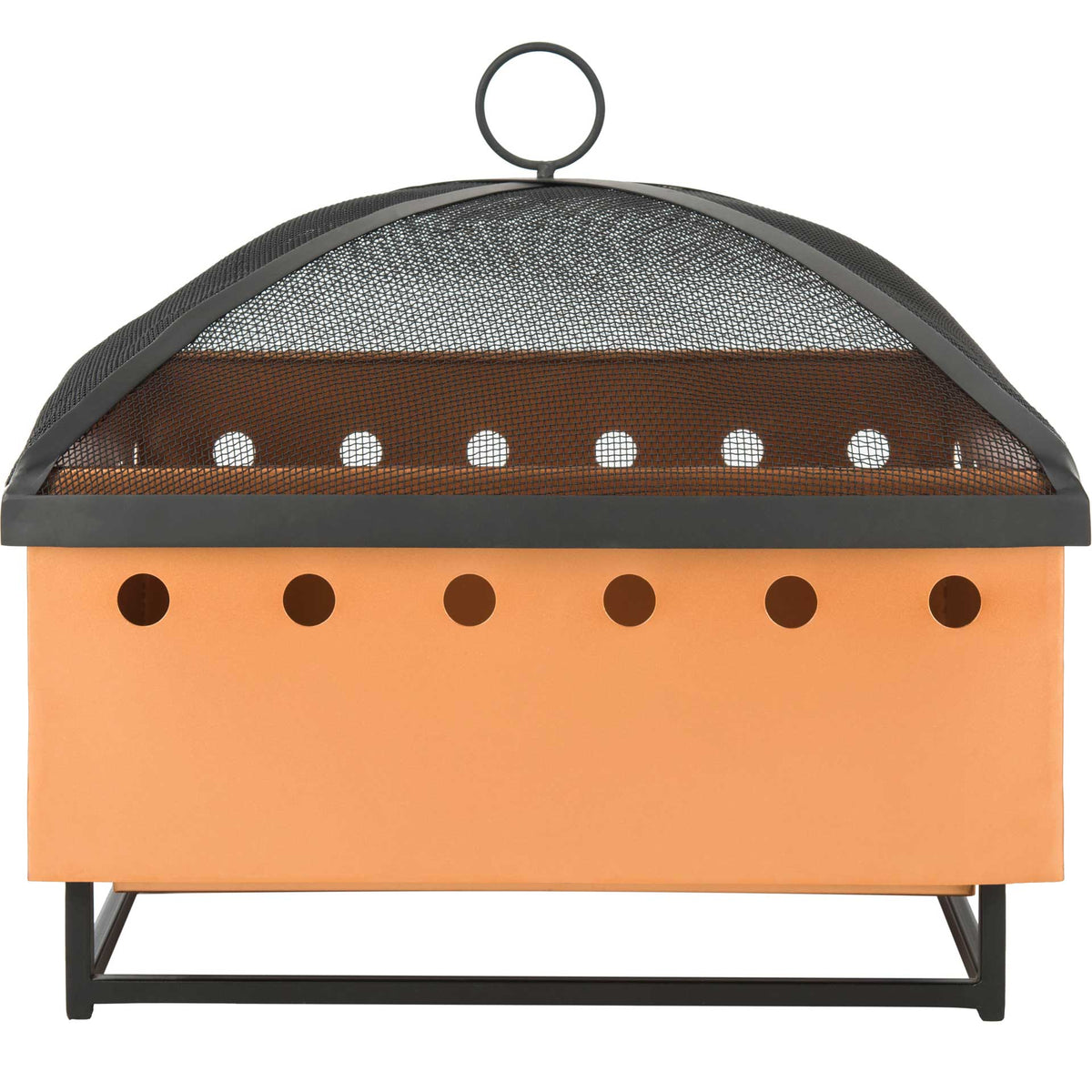 Copper-toned square fire pit pairs circular air vents with a domed black mesh spark screen || PIT2004A || front_studio
