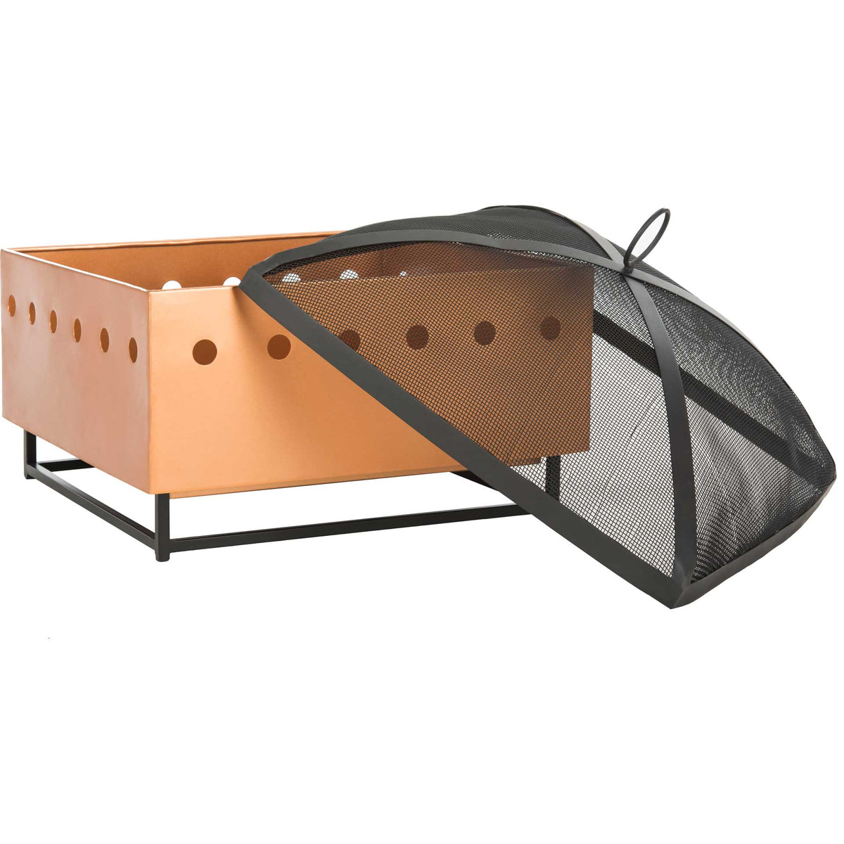 Removable mesh spark screen reveals the copper-toned firebox and its circular air vents