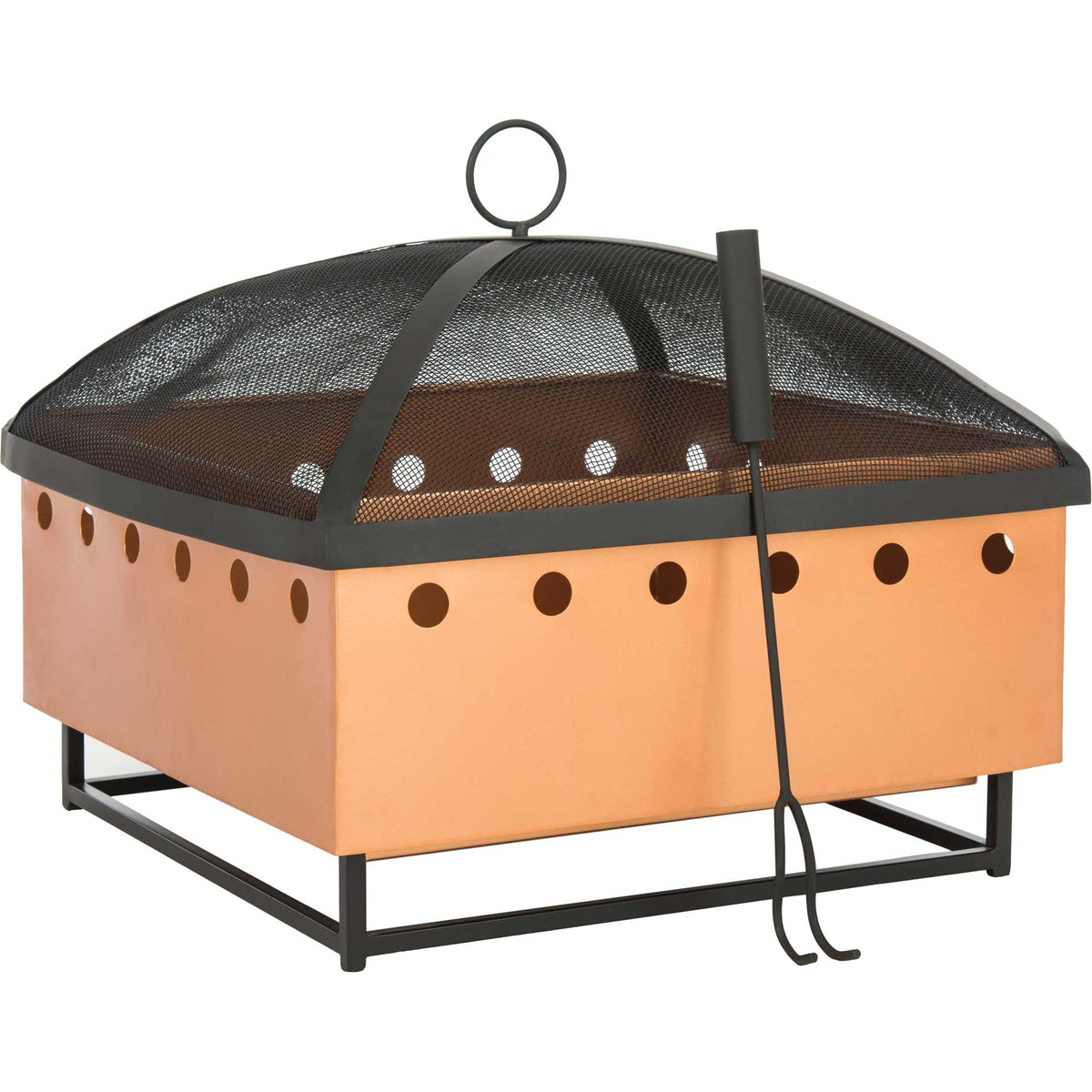 Copper-toned square fire pit features round vents, a domed black mesh screen, and a fire poker || PIT2004A || front_angle_studio