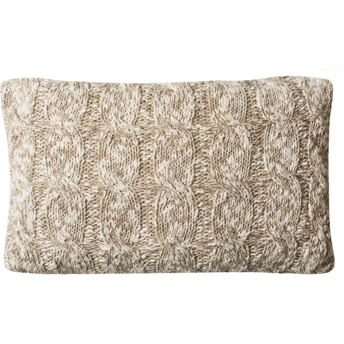 Stone and natural lumbar pillow with chunky braided cables and a soft knit texture || PLS184A-1220 || front_studio