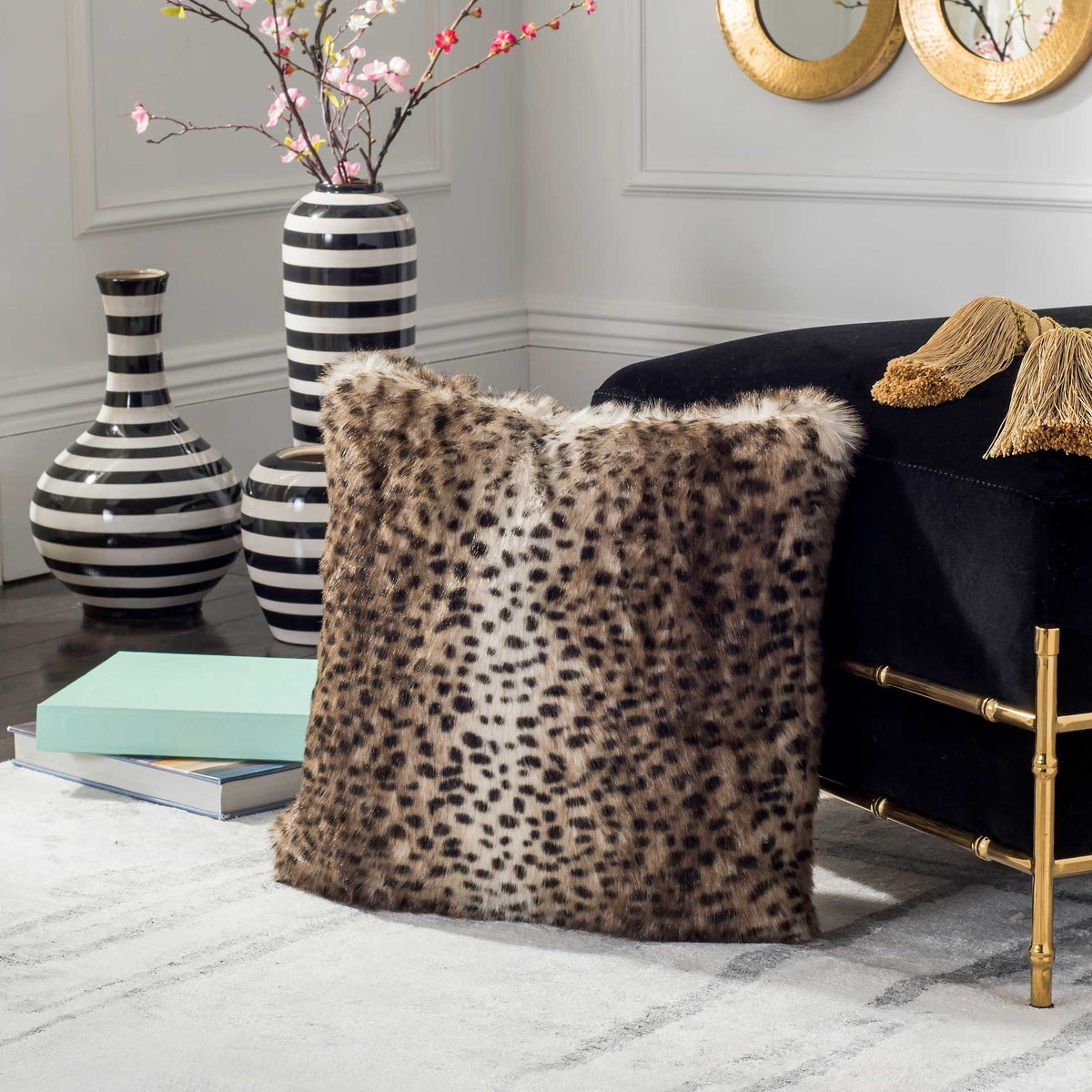 Leopard-patterned fur lends a bold accent to a neutral seating area.