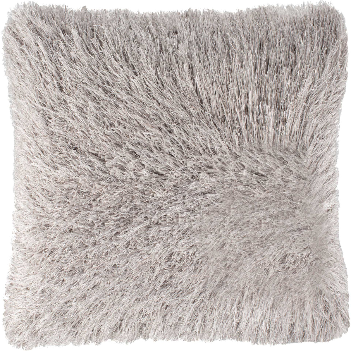 Soft metallic silver shag creates flowing texture on this square pillow. || PLS732A-2020 || front_studio