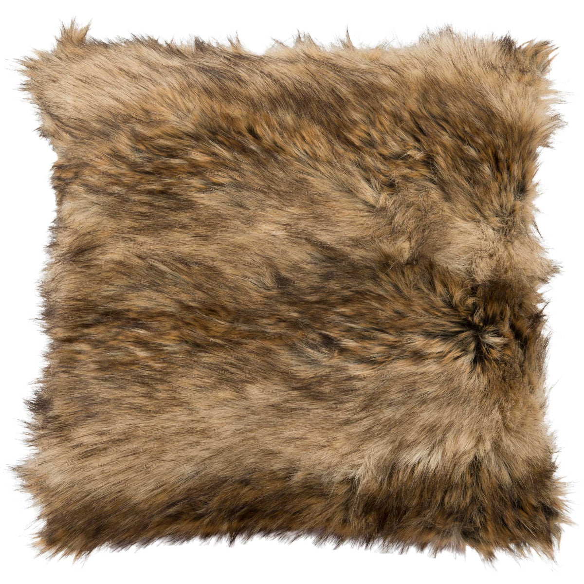 Plush, multitone brown faux fur covers the back of this cozy square pillow