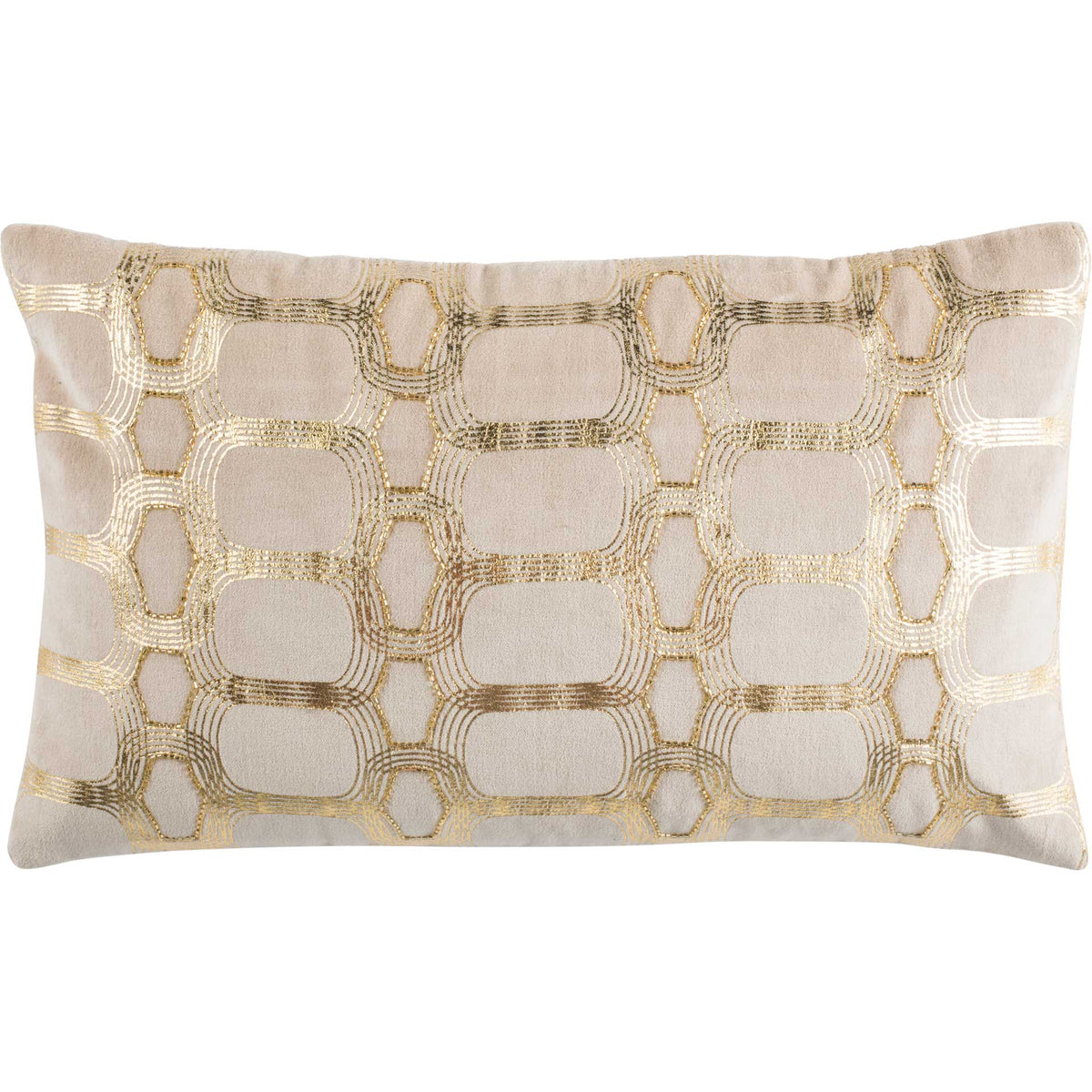 Beige lumbar pillow with shimmering gold geometric embroidery and a soft, inviting texture || PLS877A-1220 || front_studio