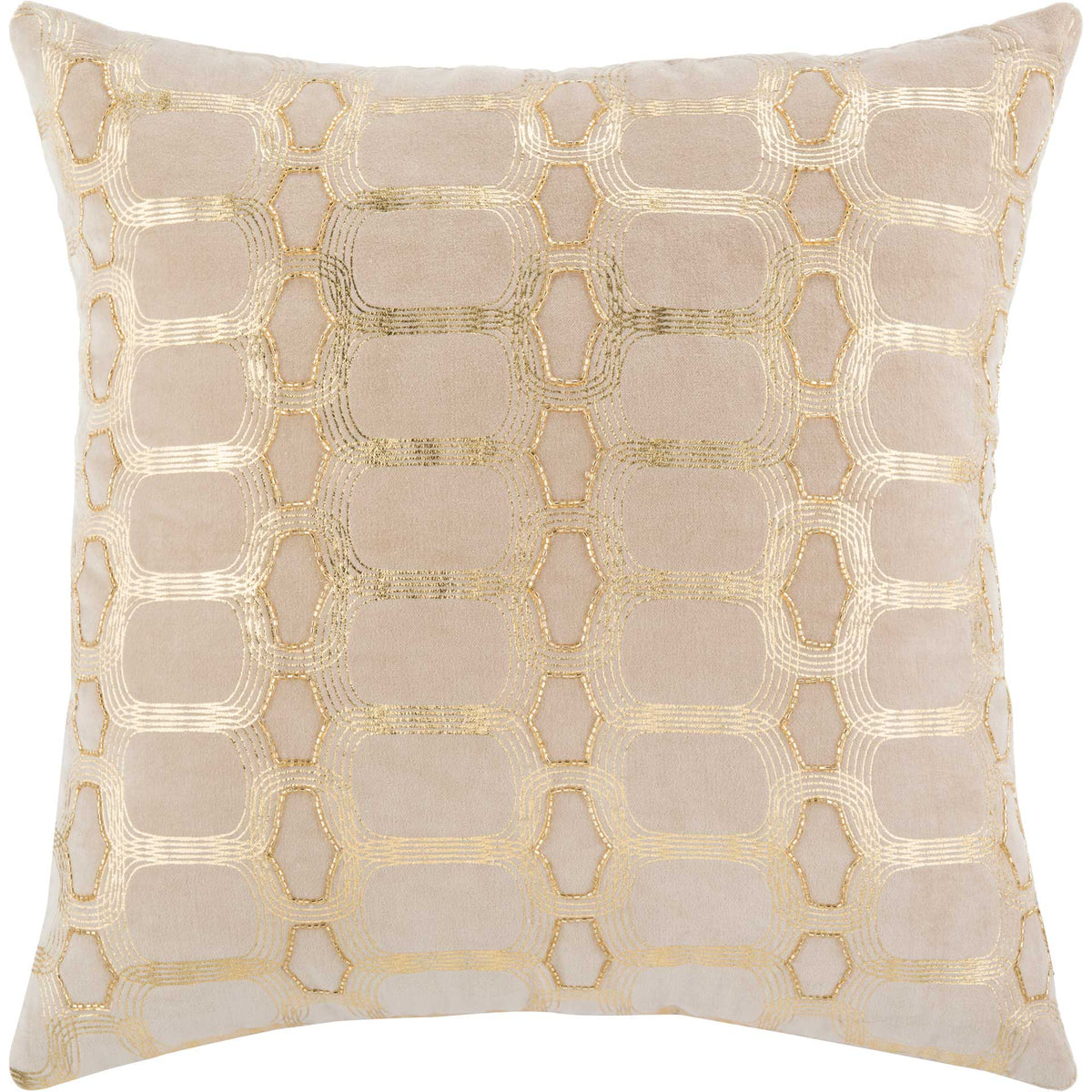 Square beige pillow with lustrous gold geometric embroidery and softly rounded corners || PLS877A-2020 || front_studio