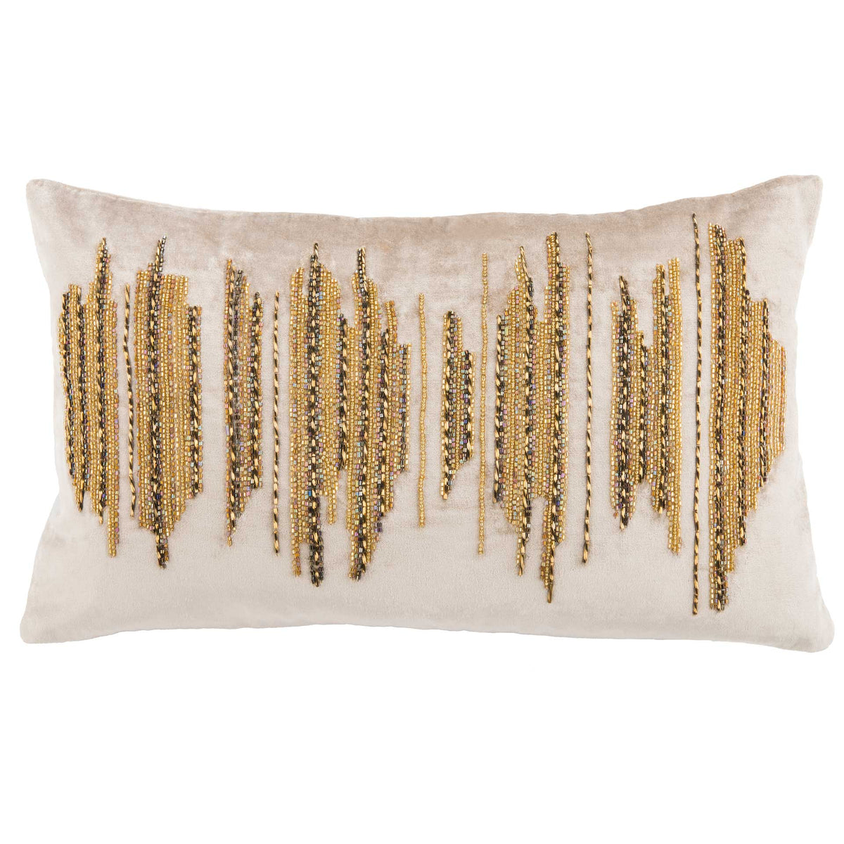 Beige lumbar pillow with shimmering gold and dark beaded lines in an abstract pattern. || PLS880A-1220 || front_studio