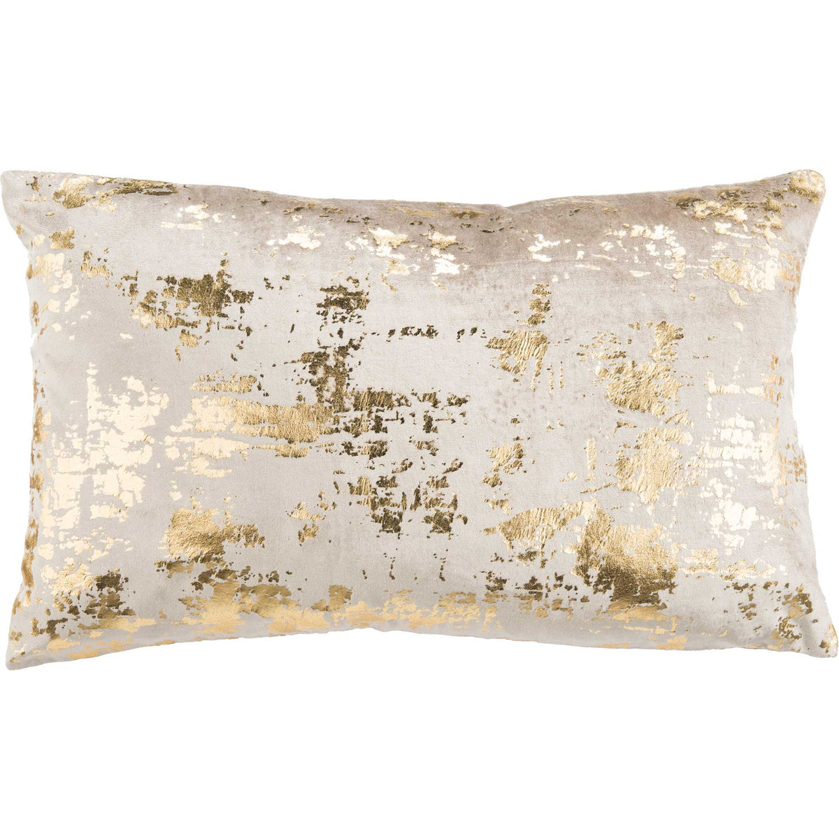 Rectangular beige pillow with a distressed gold metallic pattern and plush contours. || PLS881A-1220 || front_studio