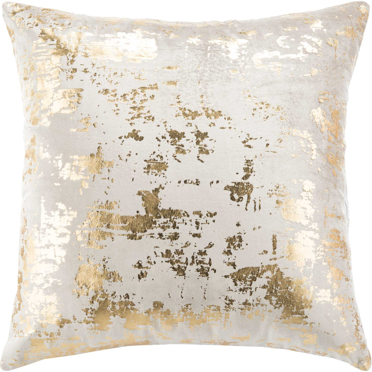 Square beige pillow with scattered gold metallic brushstrokes and a softly textured surface. || PLS881A-2020 || front_studio