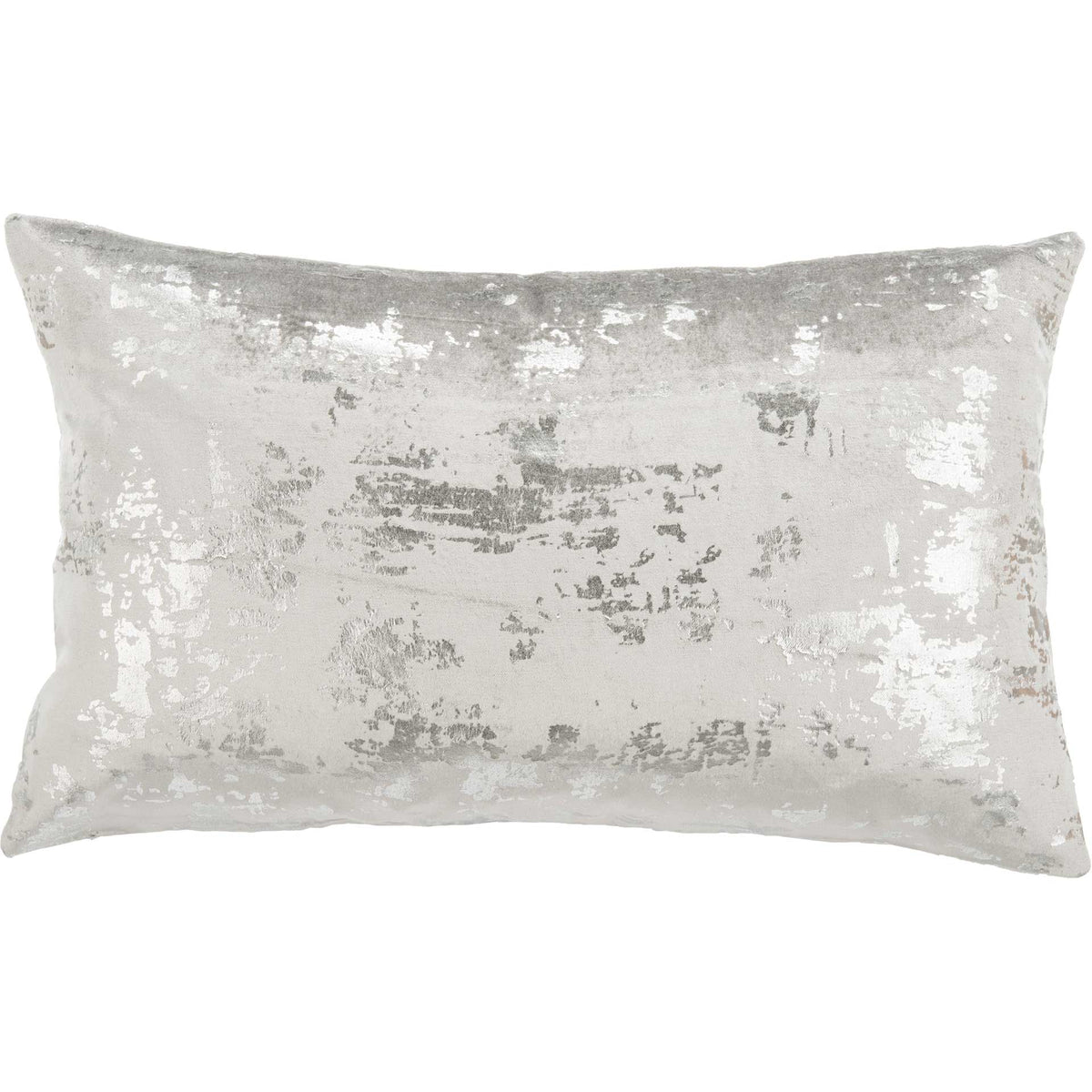 Rectangular light gray pillow with an abstract silver metallic pattern and plush edges. || PLS881B-1220 || front_studio