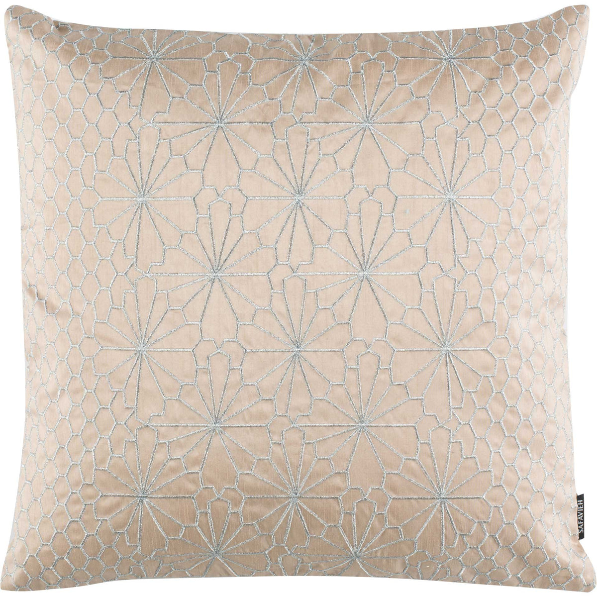 A blush square pillow features a shimmering geometric lattice and embroidered starbursts || PLS892A-2020 || front_studio