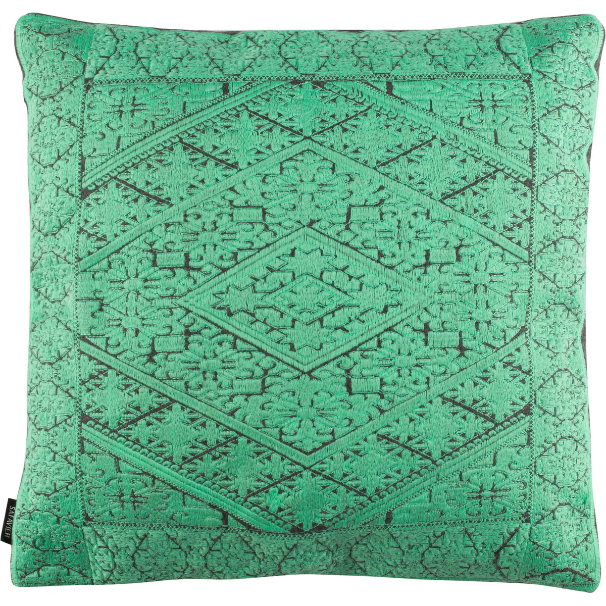 A square teal pillow brings layered diamond motifs and delicate charcoal detailing. || PLS900C-2020 || front_studio