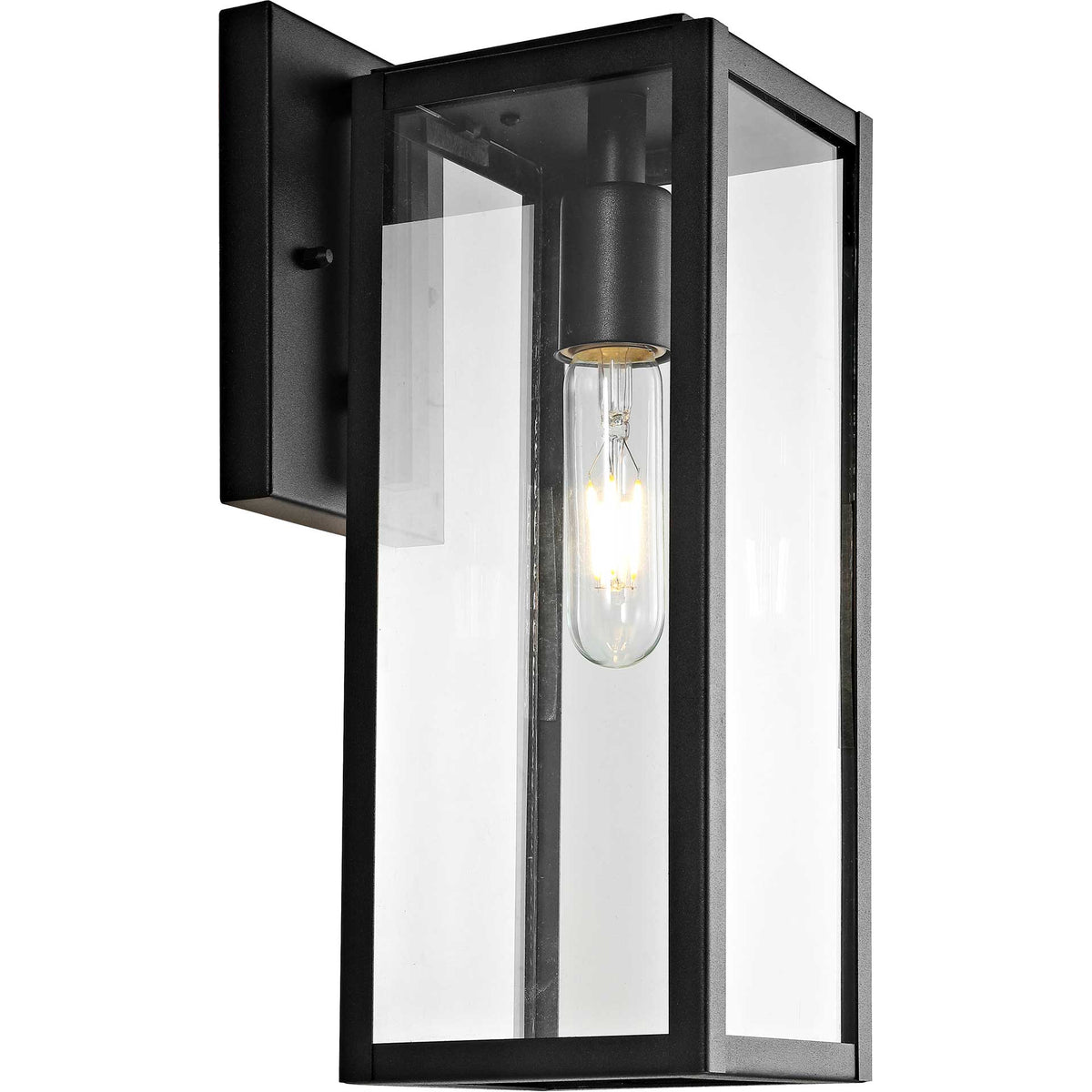 A glowing filament bulb shines through the clear glass panes of a black wall lantern