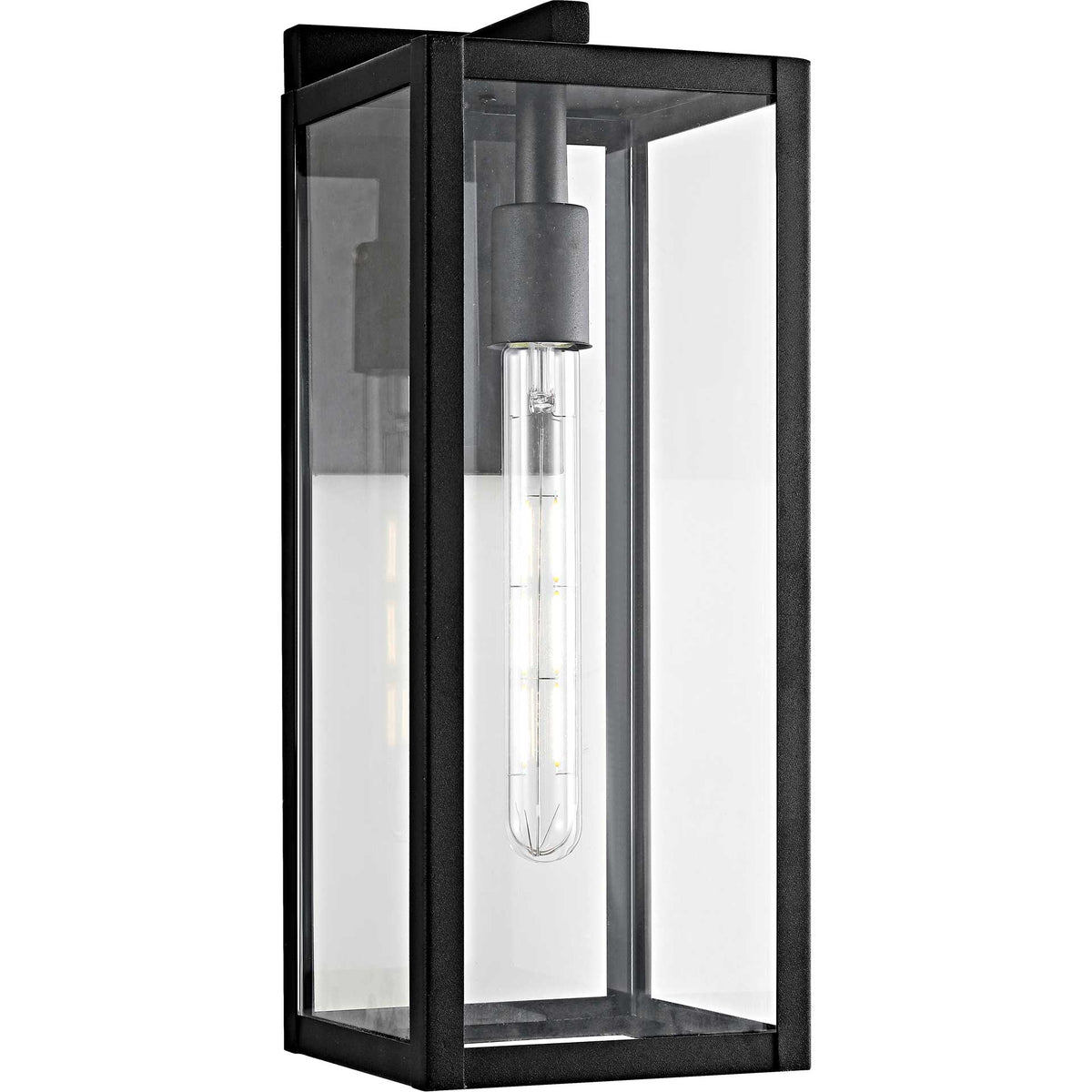 Tall black wall lantern with clear glass panels and a softly glowing bulb