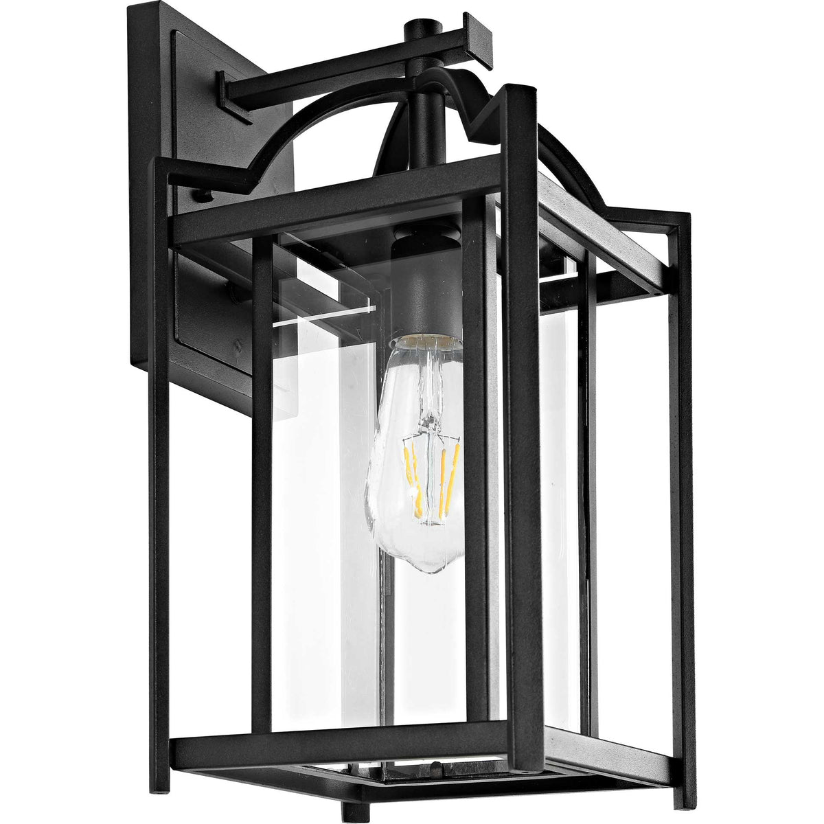 Black outdoor wall lantern with a curved mounting arm, clear glass panels, and an exposed bulb || PLT4008A || front_angle_studio
