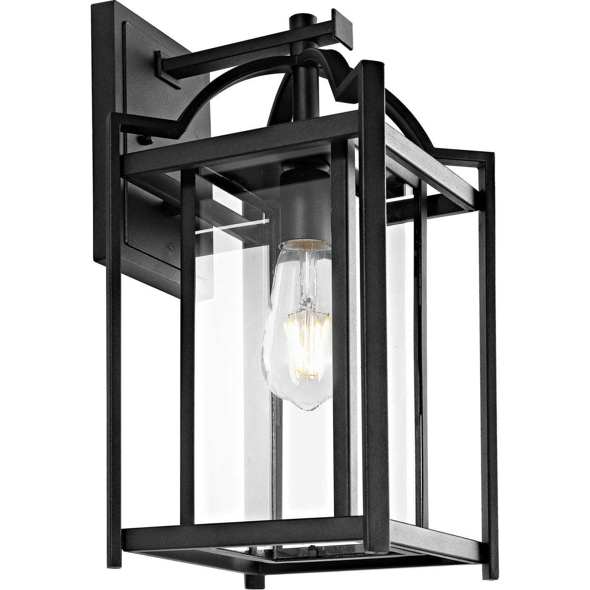 Black metal wall lantern with clear glass panels, an arched bracket, and a warm glowing bulb || PLT4008A || front_angle_on_studio