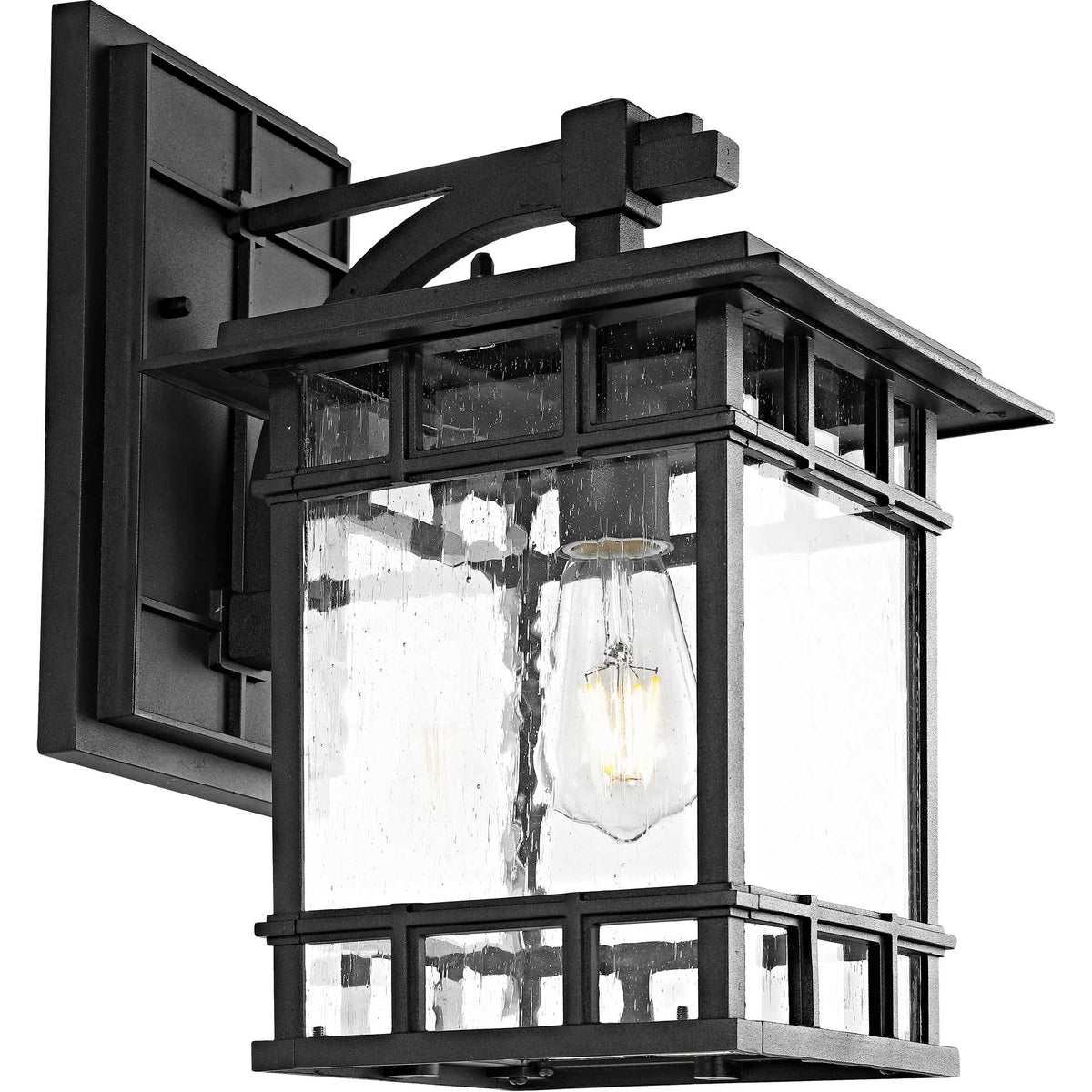 A glowing exposed bulb illuminates clear glass panes within a squared black metal frame.