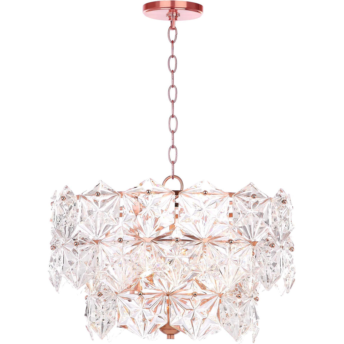 Warm light glows through tiered crystal prisms, highlighting the pendant's gleaming copper accents.