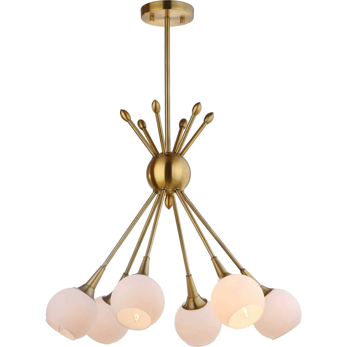 Six glowing white glass globes cast warm light from a brass-finished pendant
