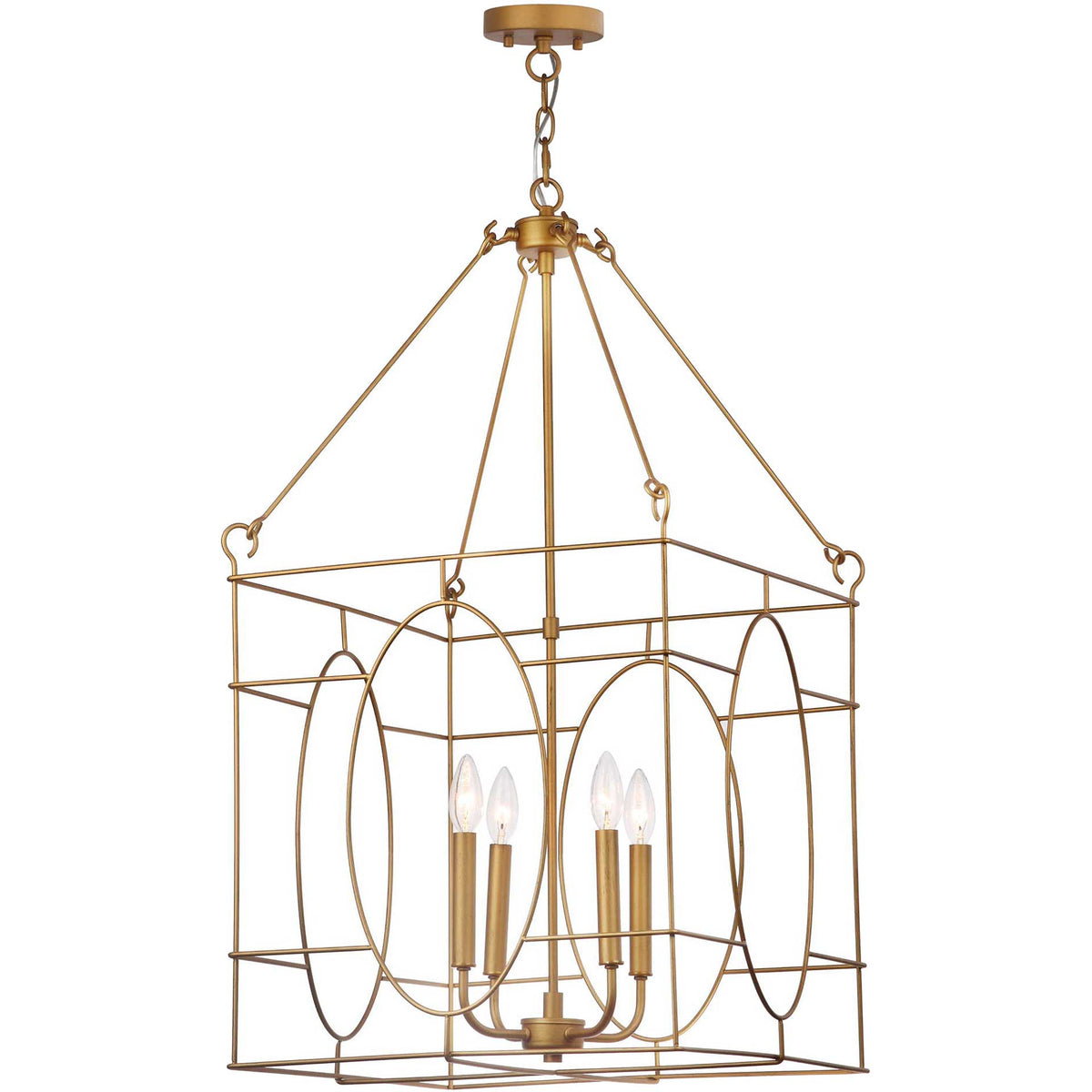 Four glowing candle-style bulbs brighten the gold openwork cage and its oval accents