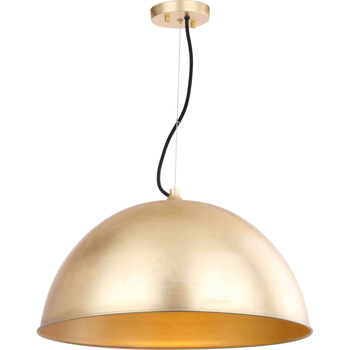 Warm light glows beneath the broad gold dome of this modern pendant