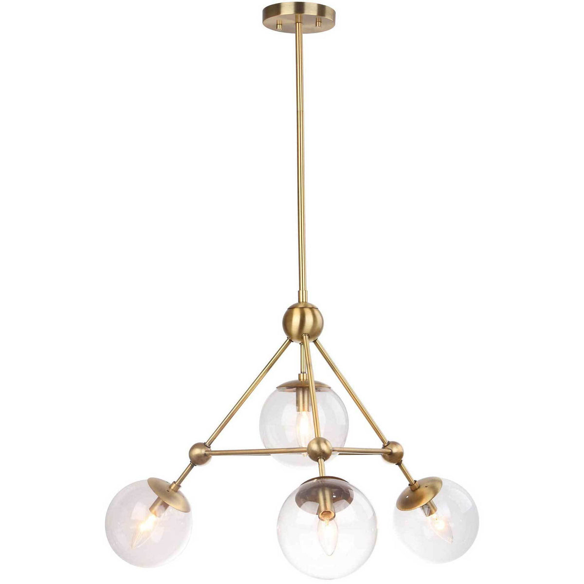 Four glowing glass globes warm the geometric gold-tone frame of this modern pendant || PND4006A || front_on_studio