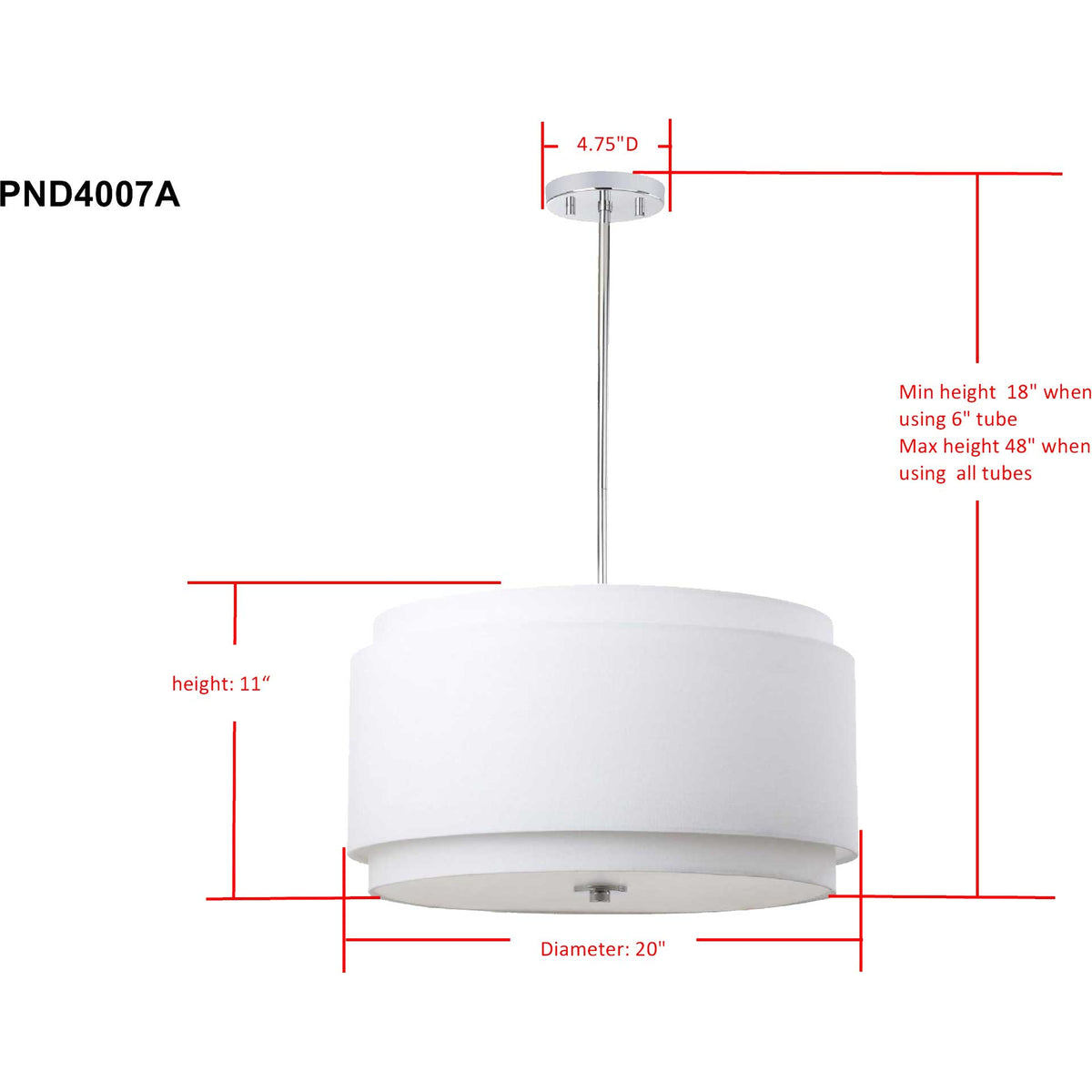 A 20-inch white drum shade pairs with an adjustable chrome rod and a 4.75-inch canopy.