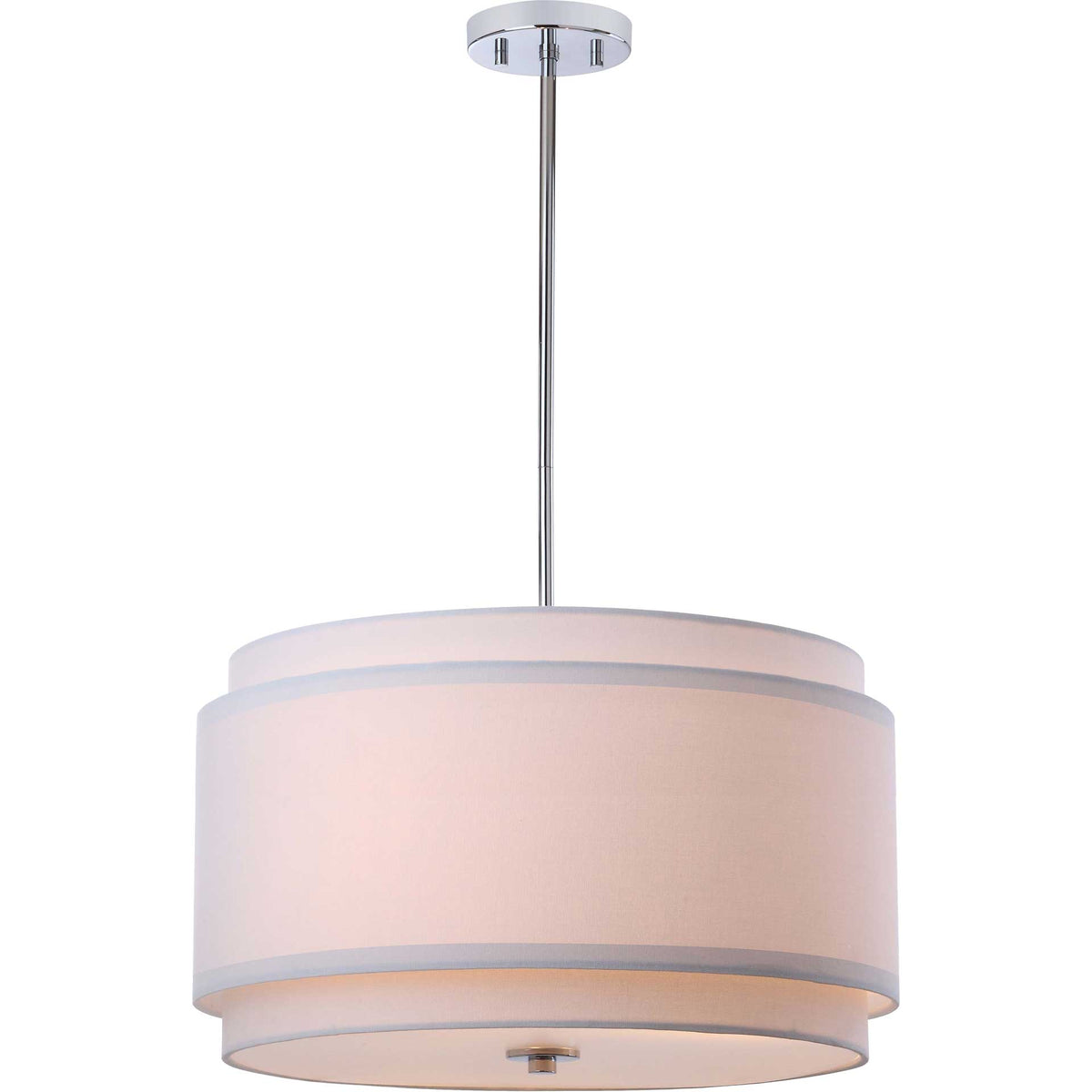 Warm light glows through a tiered white drum shade beneath a polished chrome canopy.