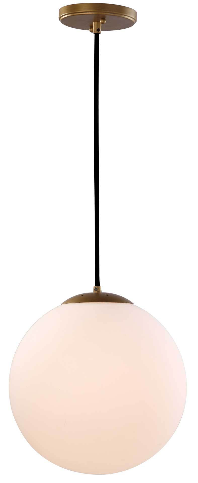A glowing glass globe casts warm light beneath brass-finished accents and a slim black cord.