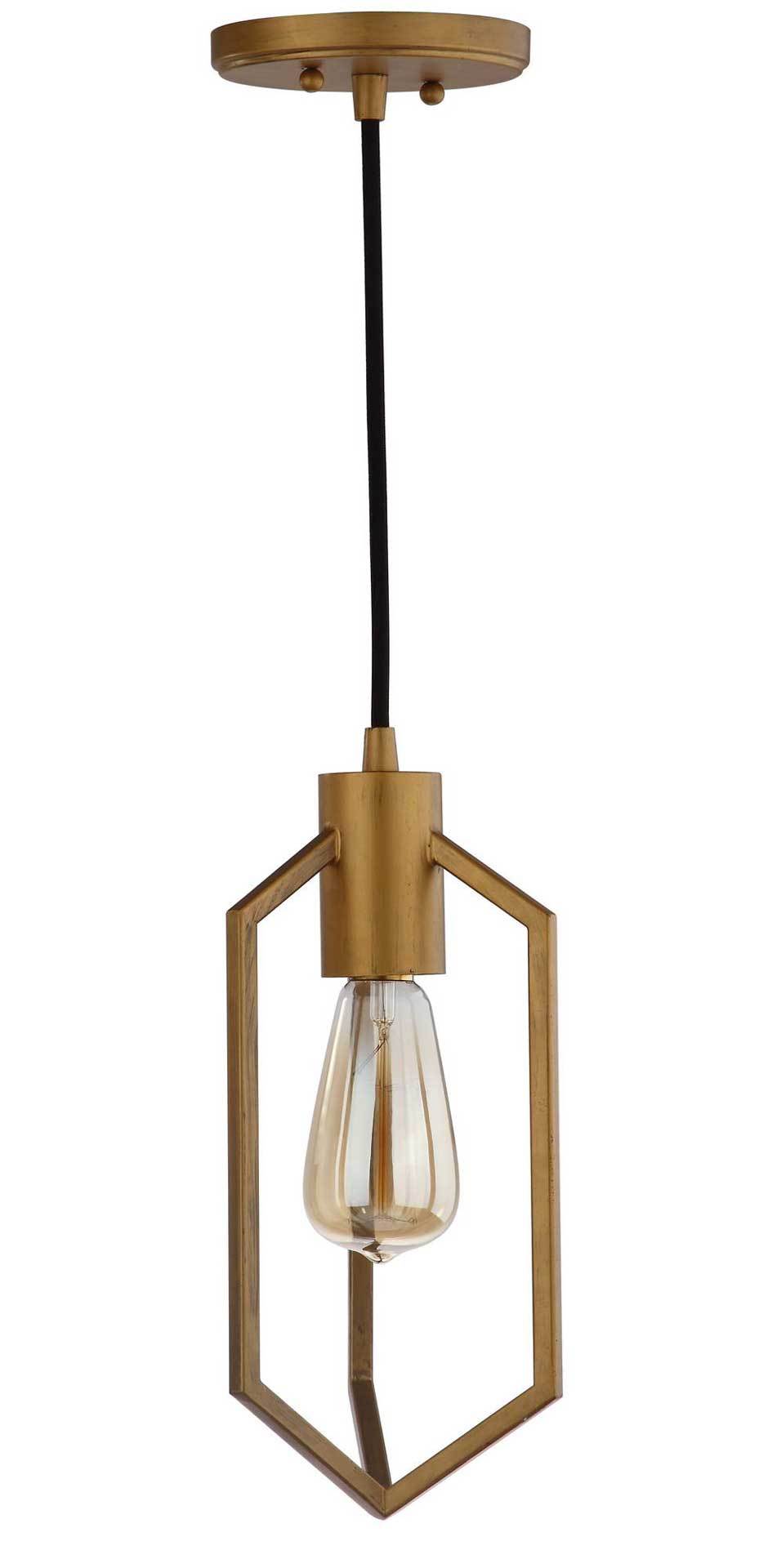 An open brass-finished frame surrounds a clear bulb beneath a black cord and round canopy || PND4009A || front_studio