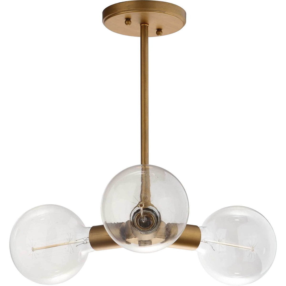 A brass-finished pendant features three clear globe bulbs on a clean-lined, branching frame. || PND4011A || front_studio