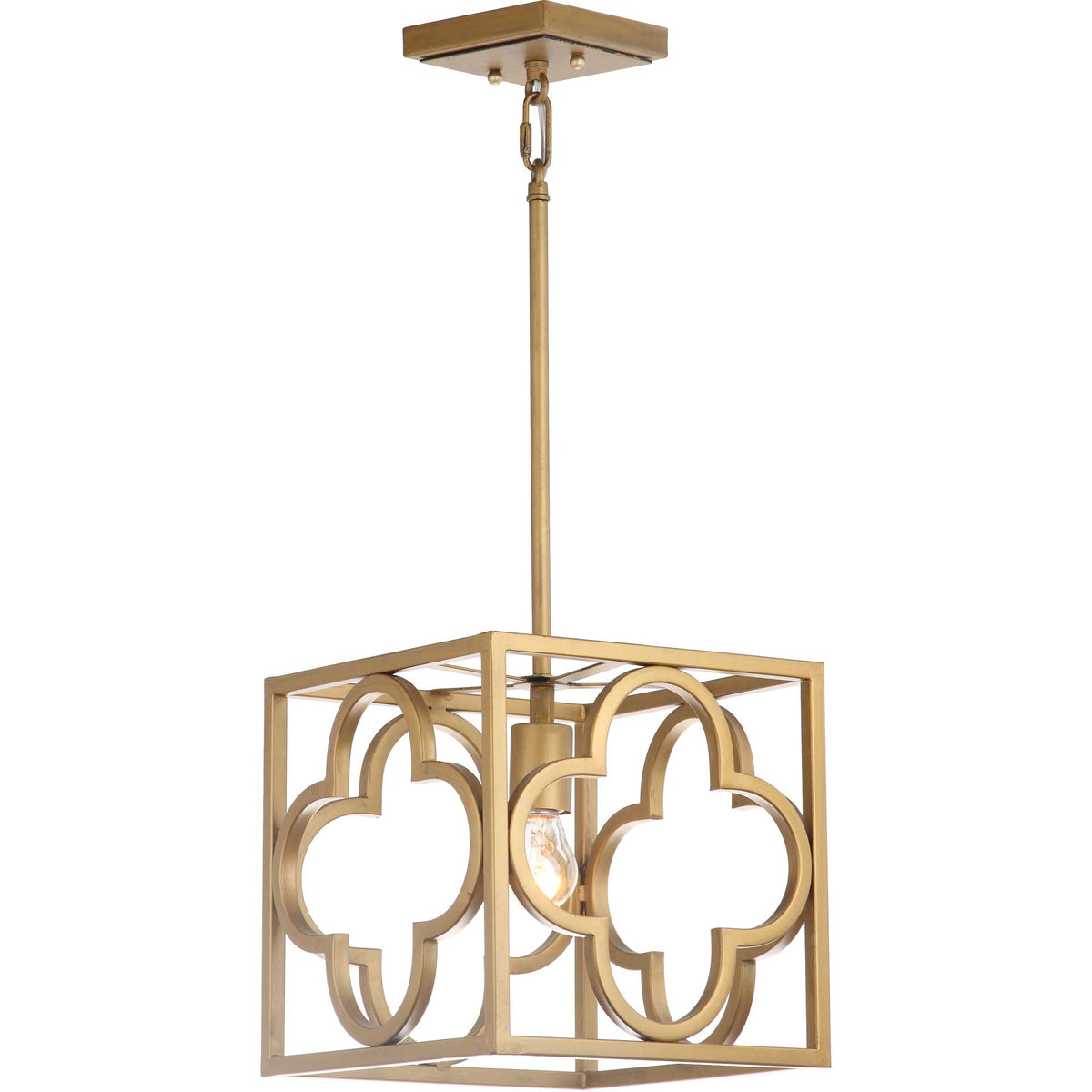 A glowing bulb warms the gold quatrefoil panels of this open-frame pendant.