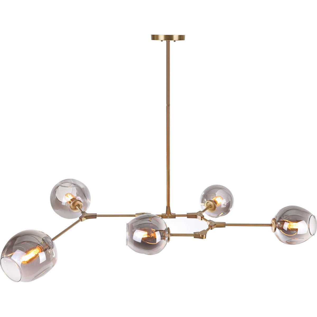 Warm light glows inside five smoky glass shades on staggered brass-toned arms.