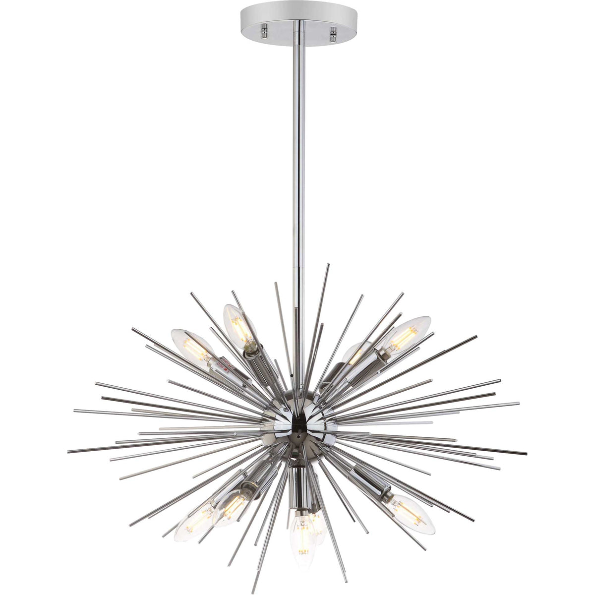Glowing bulbs brighten the pendant's airy burst of metallic spokes.