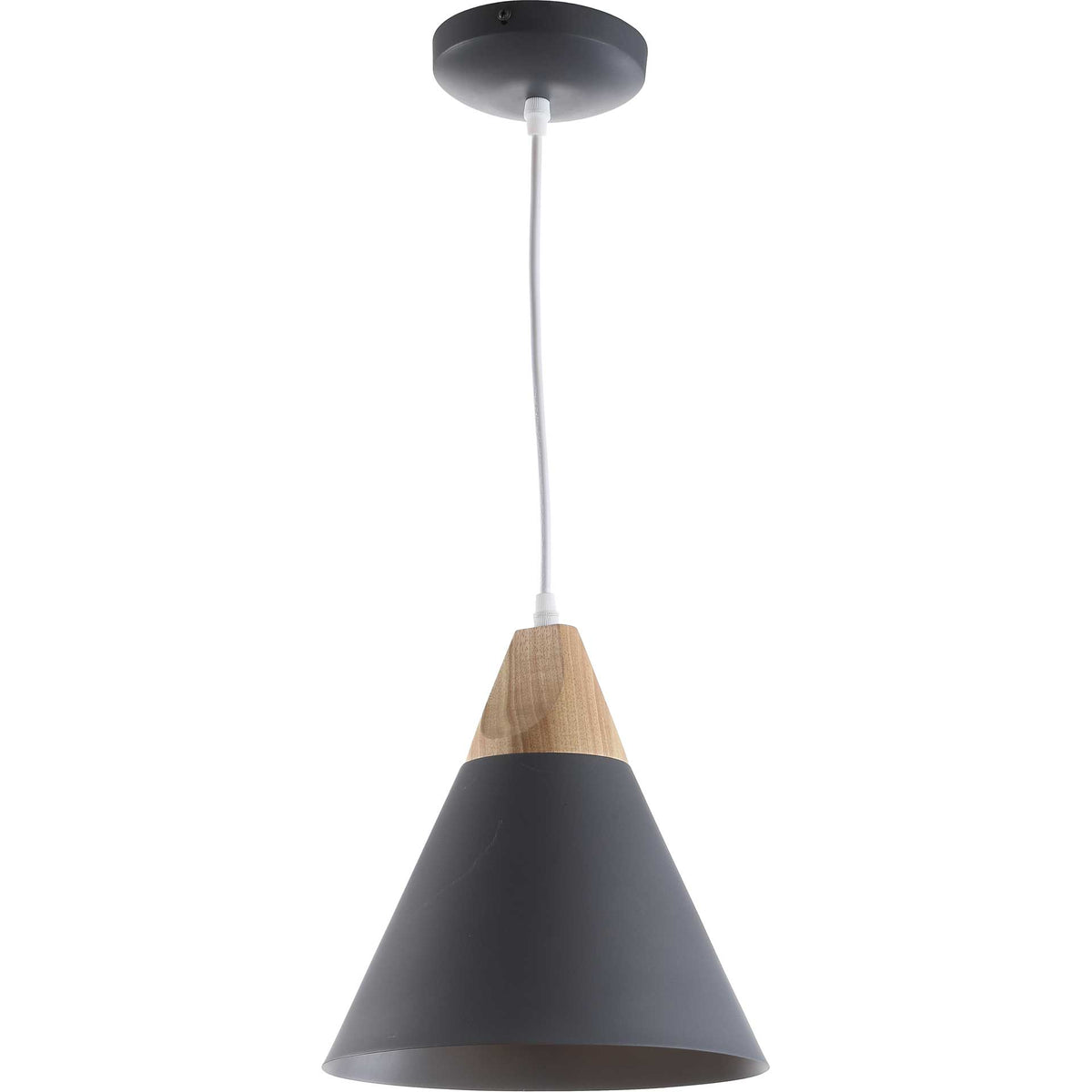 Warm downlight glows beneath a charcoal iron shade with a light brown accent.