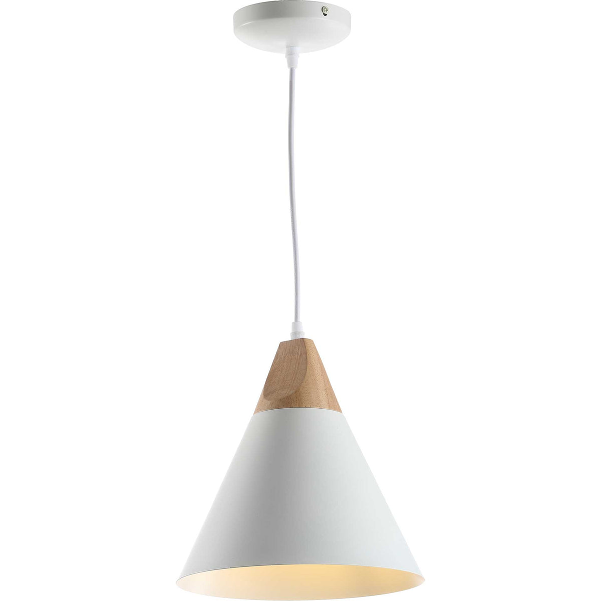 A warm glow brightens the underside of a white iron shade with a natural-toned collar.