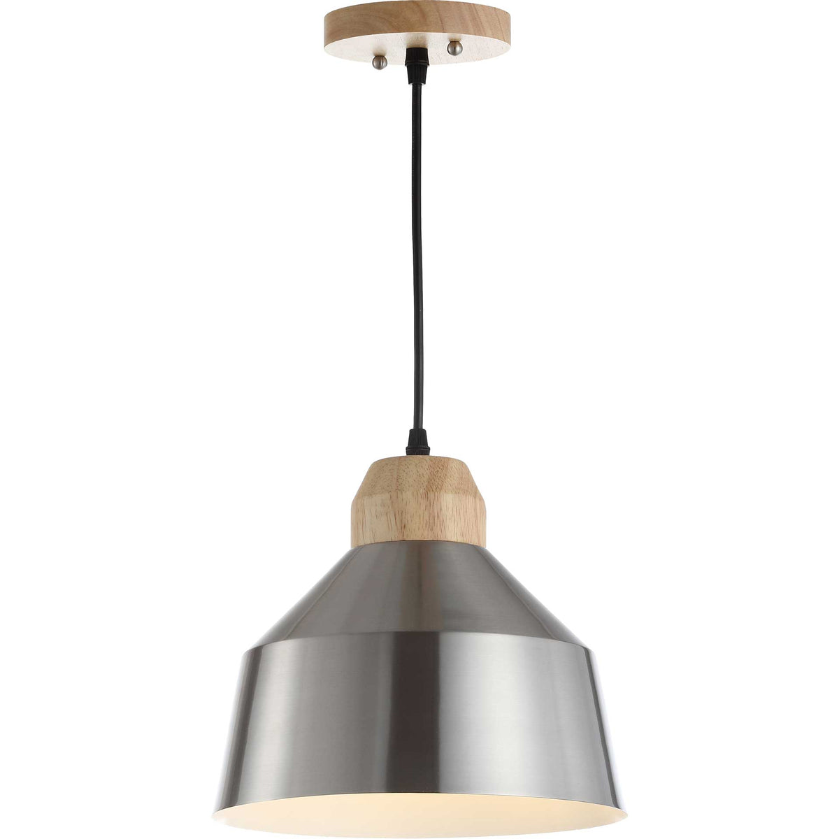Soft light shines beneath the nickel shade and complements its pale wood collar