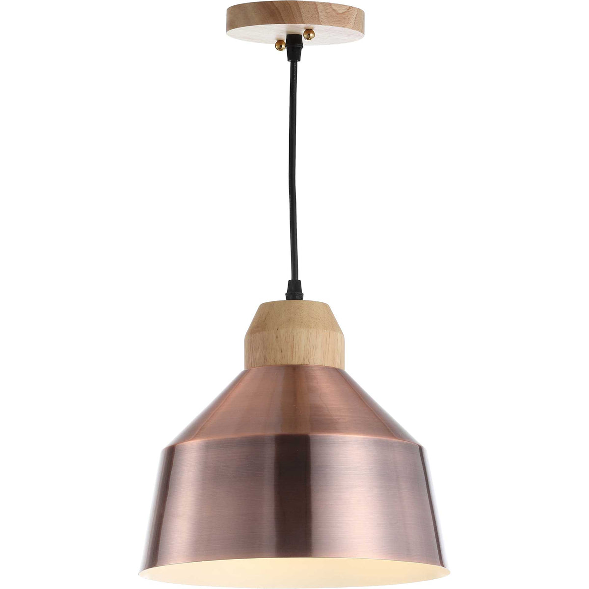 A warm glow shines beneath the copper shade, complemented by a light wood collar